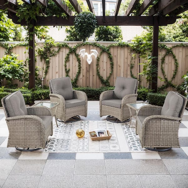 Gymojoy Carlos Gray Wicker 6-Piece Steel Patio Conversation Deep Seating Set Outdoor Swivel Glider with Gray Cushions