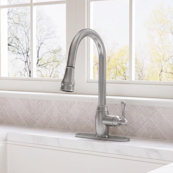 Single Handle 16.6 in. H Pull Down Sprayer Kitchen Faucet with 2-Function 360° Swivel Spout in Brushed Nickel