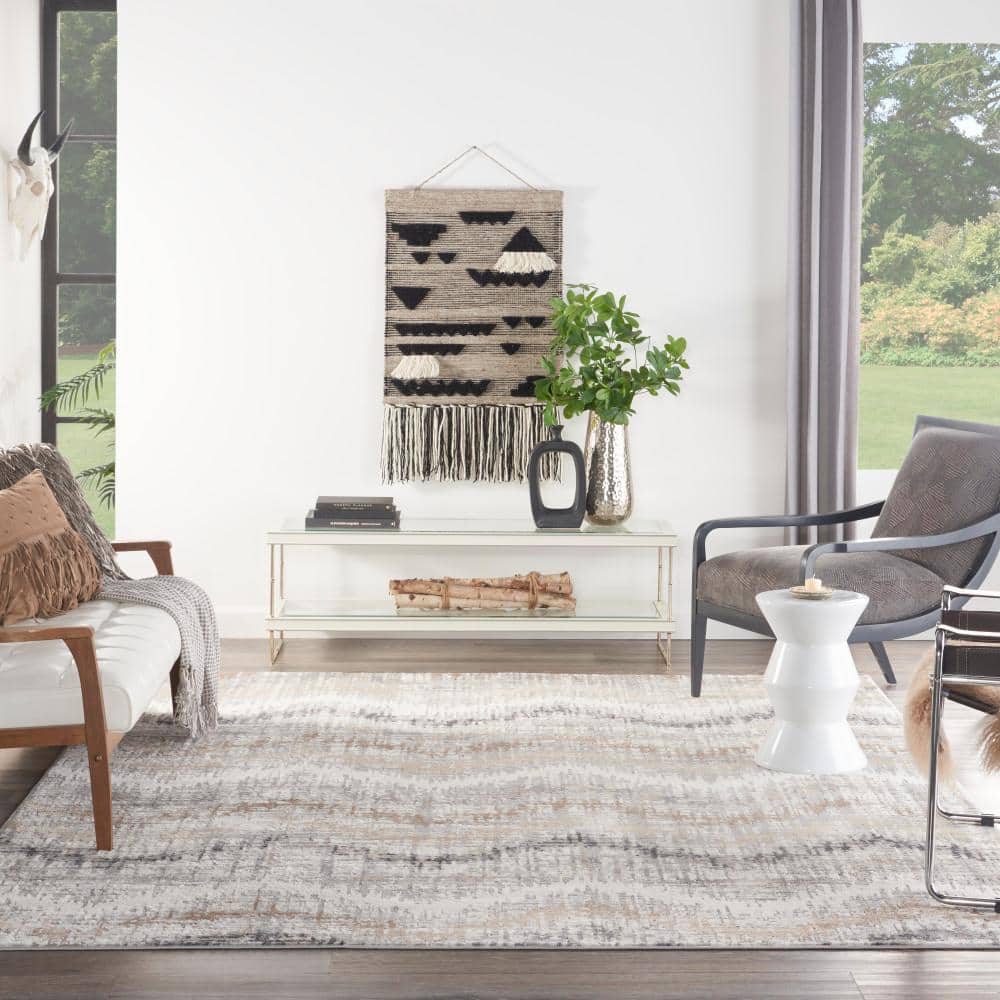 Modern Abstract Chevron 8' x 10' Grey Ivory Synthetic Area Rug