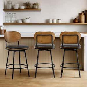 Aloysius 27 in. Dark Grey High Back Bar Stools Metal Swivel Counter Stools with Leather Seat (Set of 3)