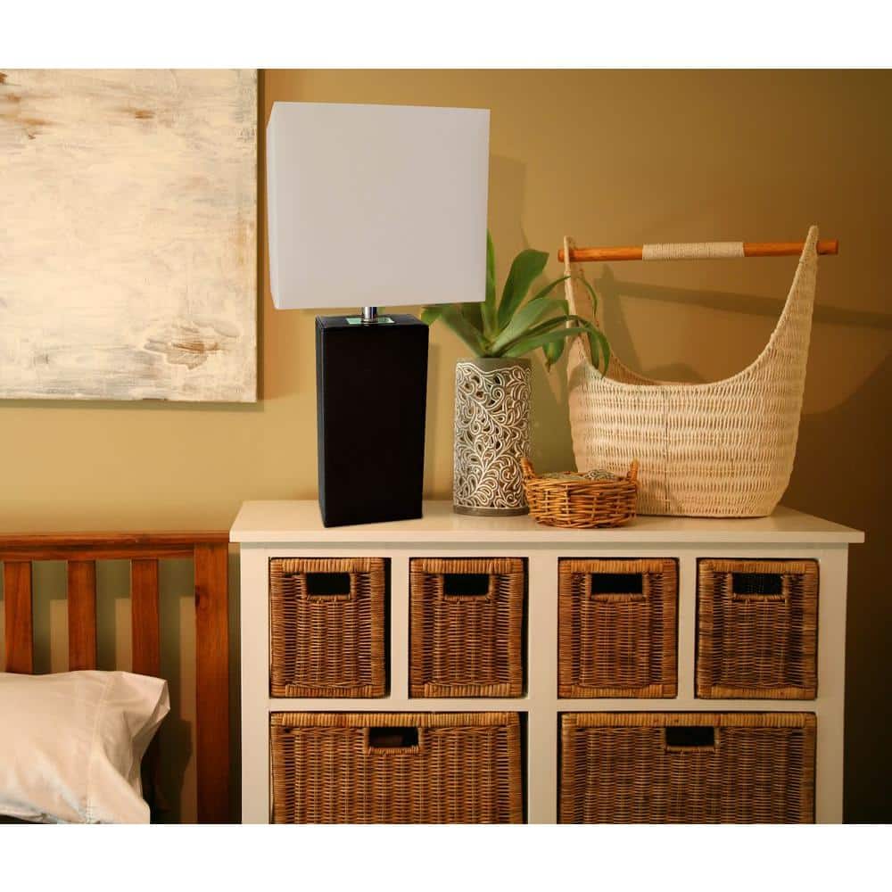 Modern Black Leather Rectangular Table Lamp with White Fabric Shade