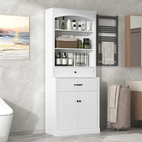 White 78.7 in. H Accent Cabinet, Bathroom Storage Cabinet with 2-Doors, Drawers, Adjustable Shelf & 3-Open Shelves