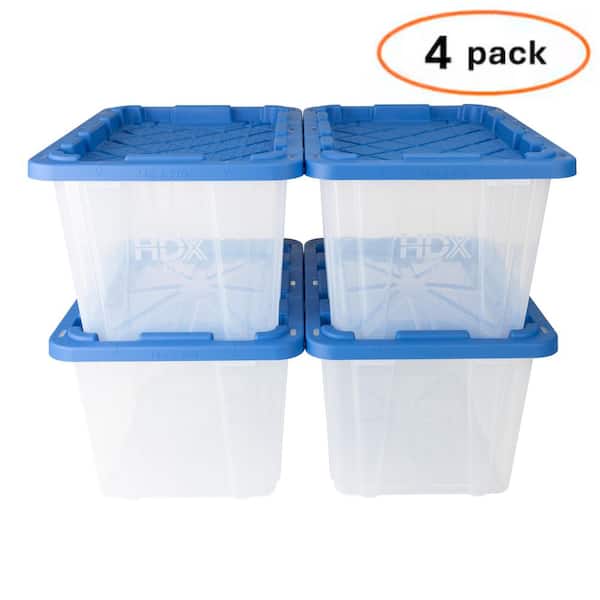 27 Gal. Tough Storage Tote in Clear with Blue Atoll Lid (4-Pack)