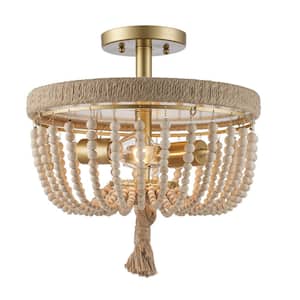 Taylan 14 in. 2-Light Antique Gold Semi Flush Mount Ceiling Light Fixture with Jute Rope and Wood Beaded Shade