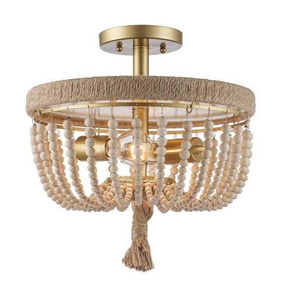 Bel Air Lighting Taylan 14 in. 2-Light Antique Gold Semi Flush Mount Ceiling Light Fixture with Jute Rope and Wood Beaded Shade