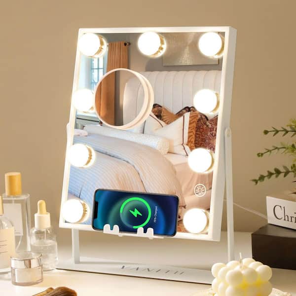 12 in. W x 14 in. H Tabletop Rectangular Framed Wireless Charging 360° Rotation LED Bulb Music Makeup Mirror White