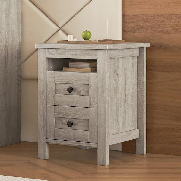 Harper & Bright Designs Sleek Lines Antique Gray 2-Drawer Farmhouse Wooden Nightstand with Durable Handles and Open Shelf