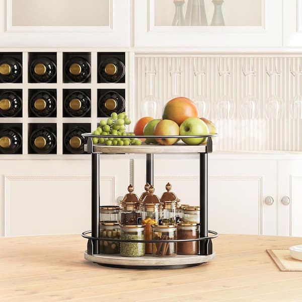 2 Tier Spice Rack Turntable Organizer for Kitchen Countertop and Cabinet, Greige + Black