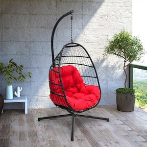 Black Steel Wicker Hanging Basket Outdoor Swing Chair with Red Cushion and Stand