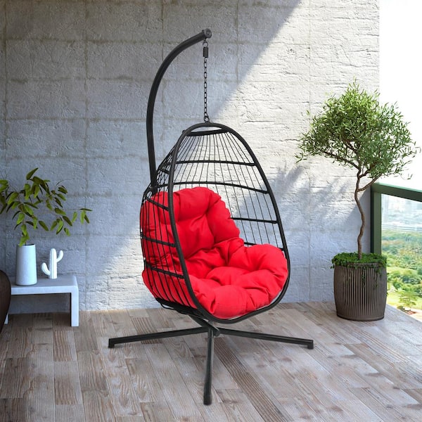Maypex Black Steel Wicker Hanging Basket Outdoor Swing Chair with Red Cushion and Stand