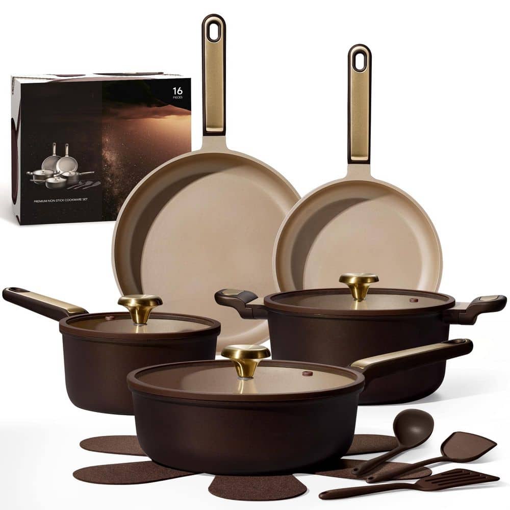 16-Piece Brown Aluminum Cookware Set with Lids, RV/Camping Cookware Set, Pots and Pans Set, Nonstick, Dishwasher price history on PriceWatchPro