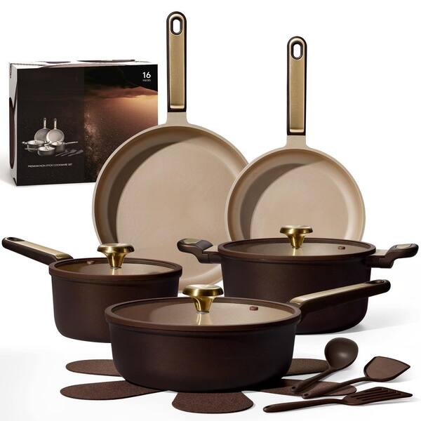 16-Piece Brown Aluminum Cookware Set with Lids, RV/Camping Cookware Set, Pots and Pans Set, Nonstick, Dishwasher