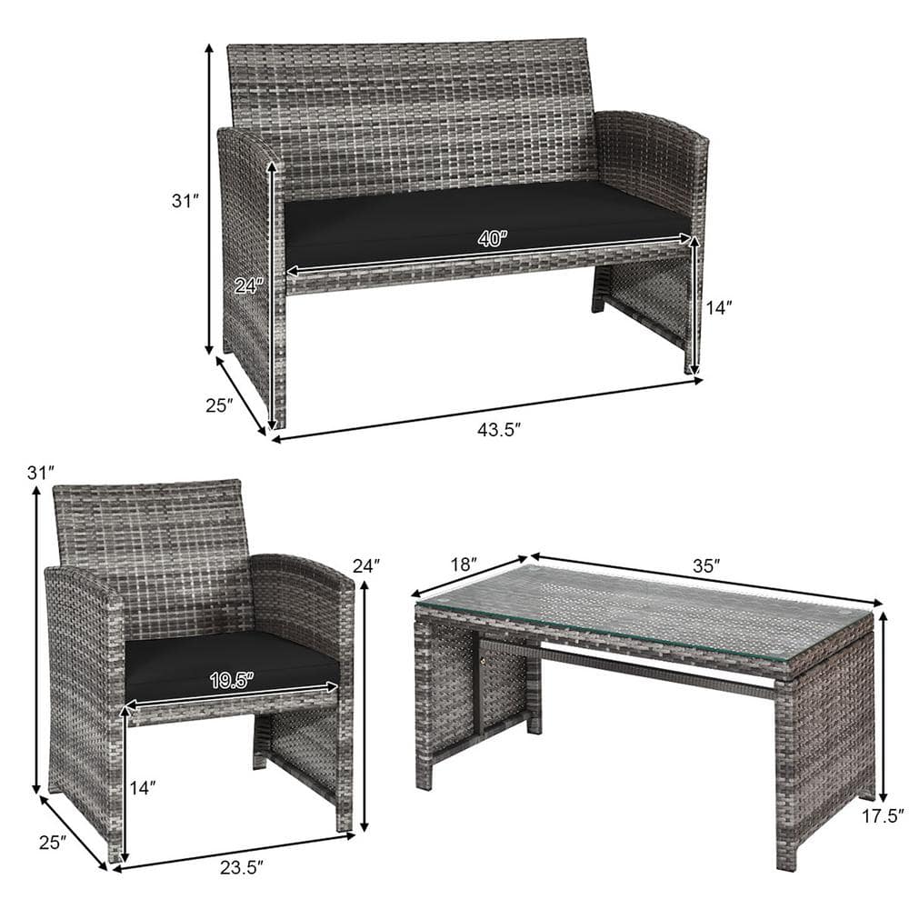 Black 4-Piece Rattan Patio Furniture Set with Glass Table