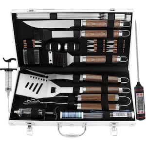Complete Brown 24 -Pieces Stainless Steel Utensil Outdoor Kitchen Accessories with Aluminum Case