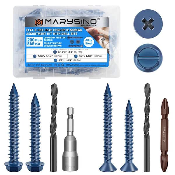 1/4 in. x 1-3/4 in. Assorted Sizes Hex and Phillips Head Concrete Anchors with Drill and Driver Bits (200-Piece)