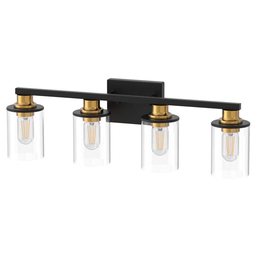 27 in. Industrial 4-Light Black and Gold Farmhouse Vanity Light with Glass Shades for Bathroom price history on PriceWatchPro