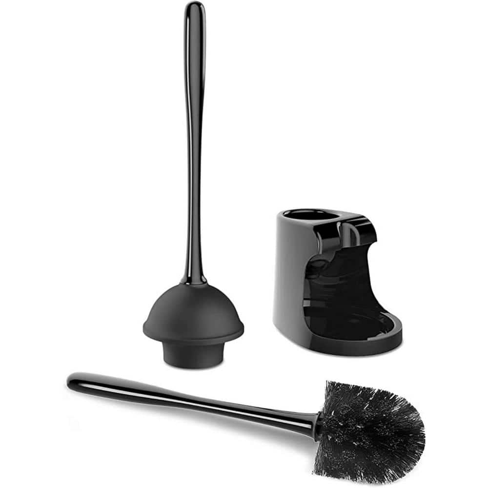 Black Plastic Toilet Plunger and Brush Set with Holder