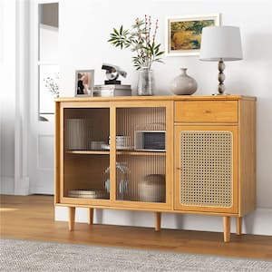 Natural Bamboo 47 in. Width Buffet Sideboard Rattan Console Table with Sliding Doors Storage Drawer