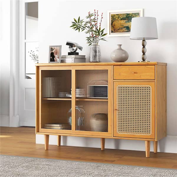 Natural Bamboo 47 in. Width Buffet Sideboard Rattan Console Table with Sliding Doors Storage Drawer