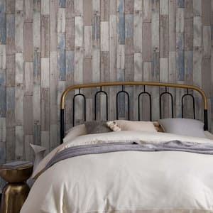 NEXT Distressed Wood Plank Neutral Blue Brown Removable Wallpaper Sample