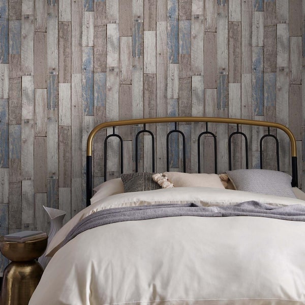 Distressed Wood Plank Neutral Blue Wallpaper