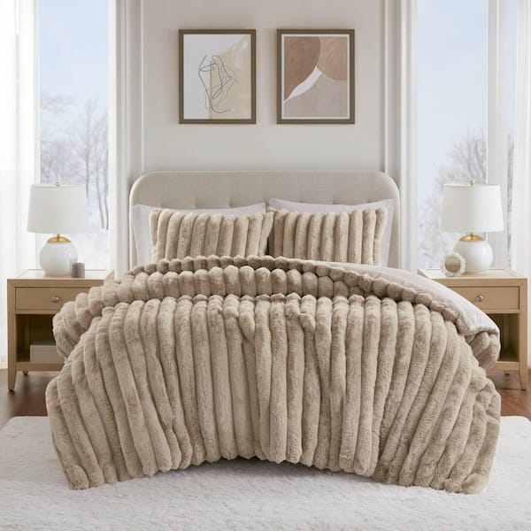 Dahlia Polyester Taupe Faux Fur King Comforter Set