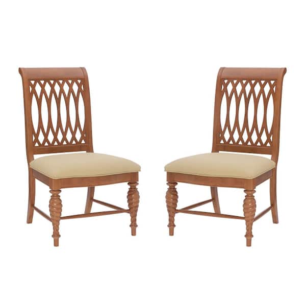 Linon Home Decor Sequim Brown Wood Chair with Textured Tan Faux Leather Seat Dining Chair (Set of 2)