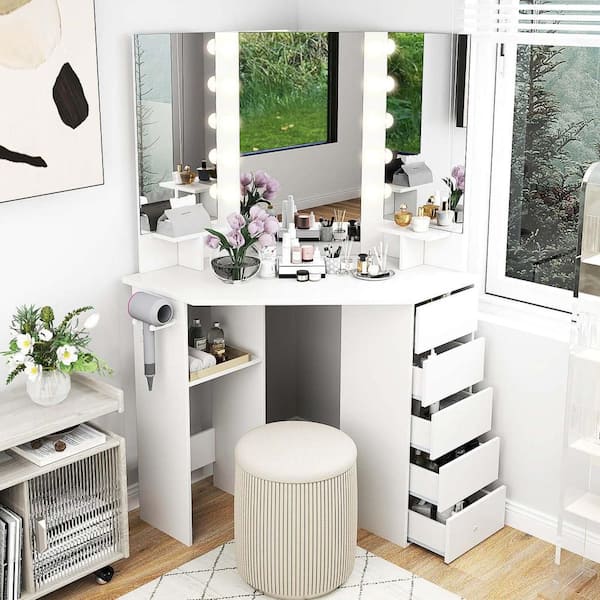 Costway 1-Piece White Corner Makeup Vanity Desk Cosmetic Vanity Station with LED Mirror and Power Outlets