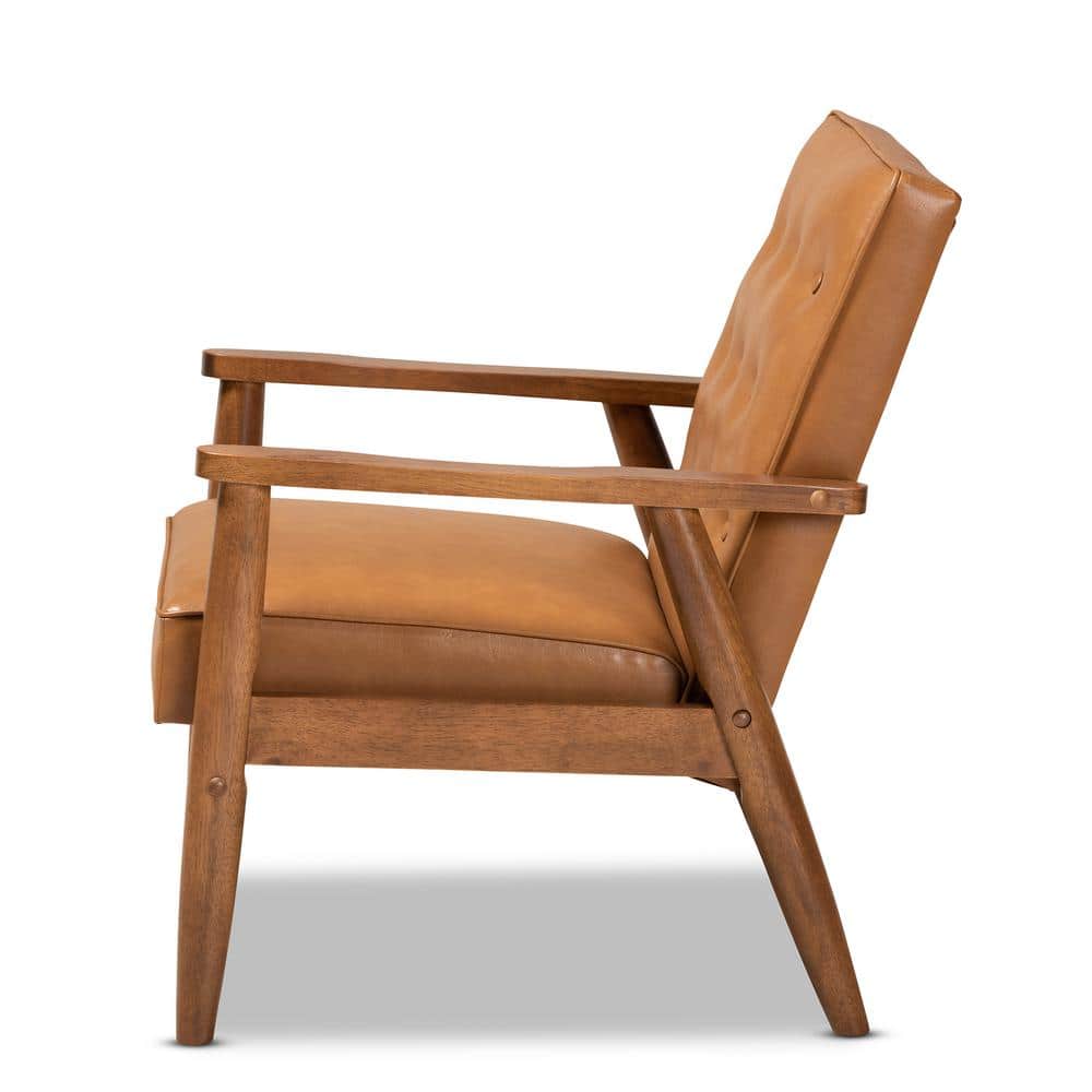 Walnut Brown Faux Leather Mid-Century Accent Chair
