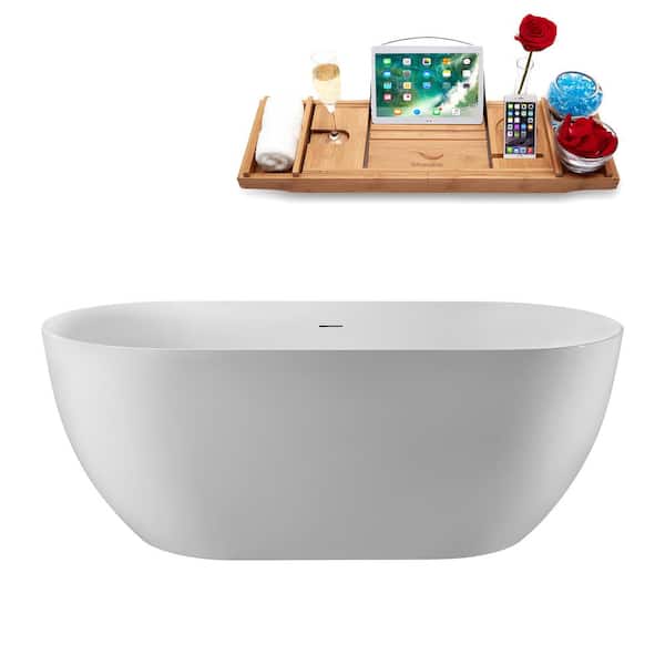 Streamline 63 in. x 30 in. Acrylic Freestanding Soaking Bathtub in Glossy White with Matte Oil Rubbed Bronze Drain, Bamboo Tray