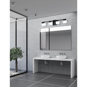 Vente 29.92 in. W x 5.71 in. H 4-Light Matte Black Integrated LED Bathroom Vanity Light with Frosted Glass Shades