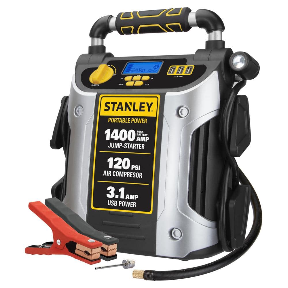 Stanley 1400 Peak Amp Automotive Jump Starter, Portable Power – Triple 15W  USB Ports, 120 PSI Air Compressor J7C09D - The Home Depot