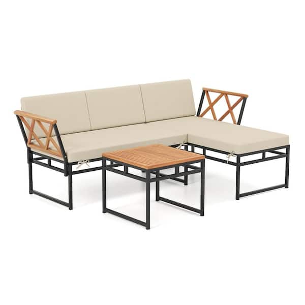 3-Piece Acacia Wood Outdoor Patio Conversation Set with Table and Cushions, Beige