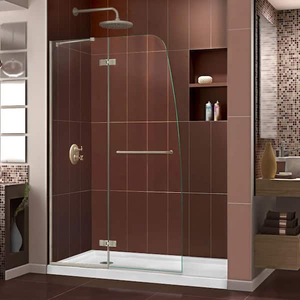 DreamLine Aqua Ultra 34 in. x 60 in. x 74.75 in. Semi-Framed Hinged Shower Door in Brushed Nickel with Left Drain Acrylic Base