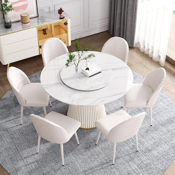 53.15 in. White Circular Rotable Sintered Stone Tabletop with Lazy Susan Pedestal Base Kitchen Dining Table (Seats-6)