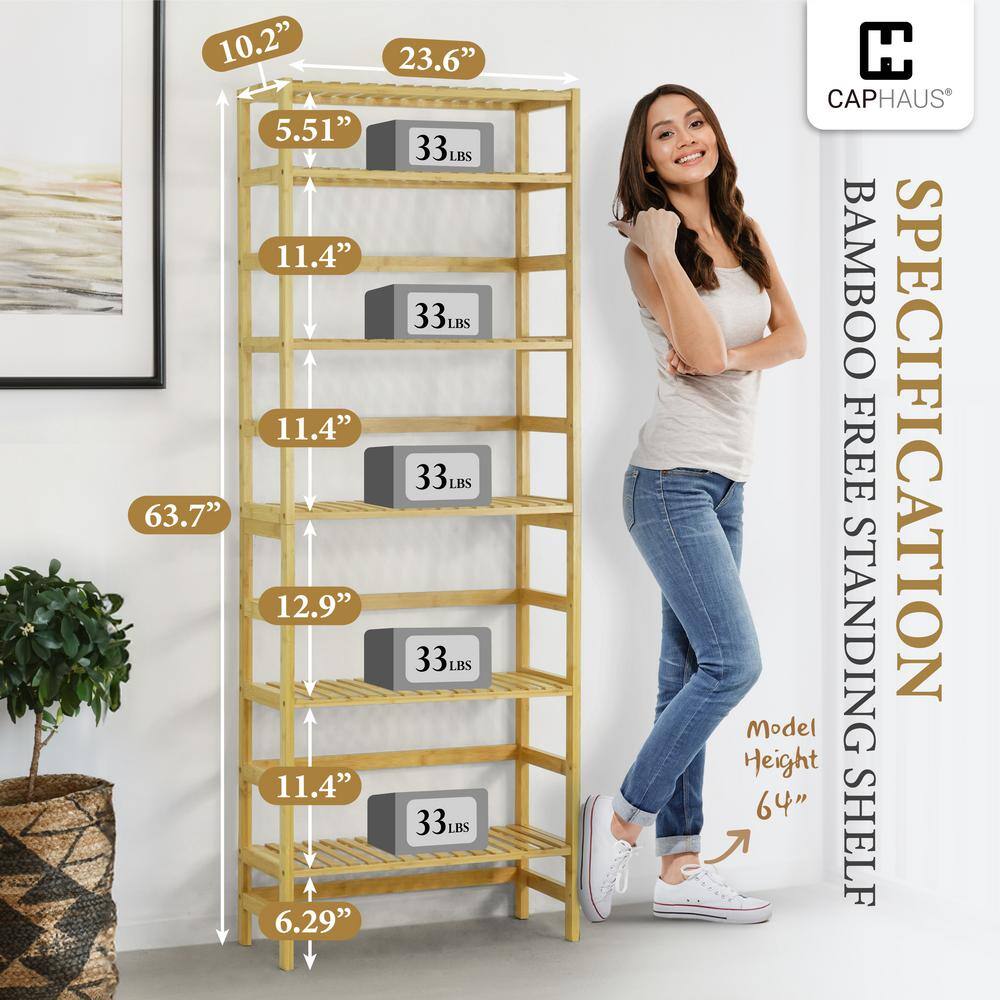 63.7 in Tall Natural Bamboo Adjustable 6-Shelf Bookcase