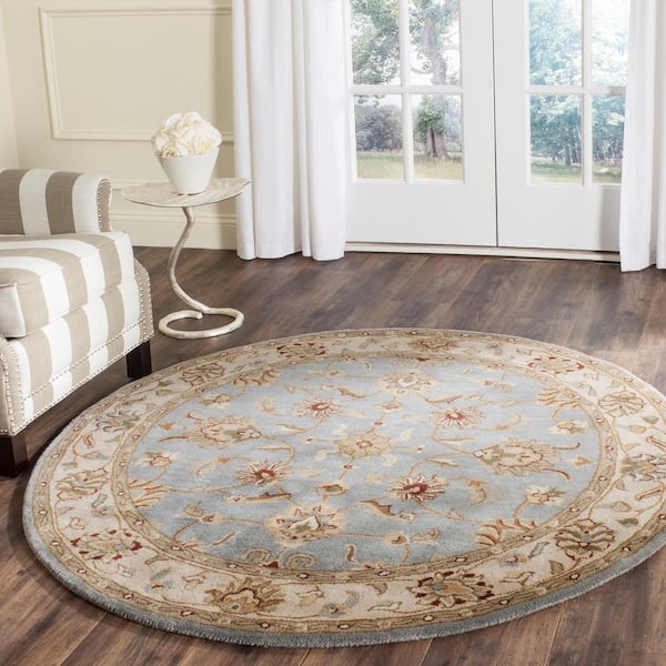 Royalty Blue/Beige 7 ft. x 7 ft. Round Border Area Rug