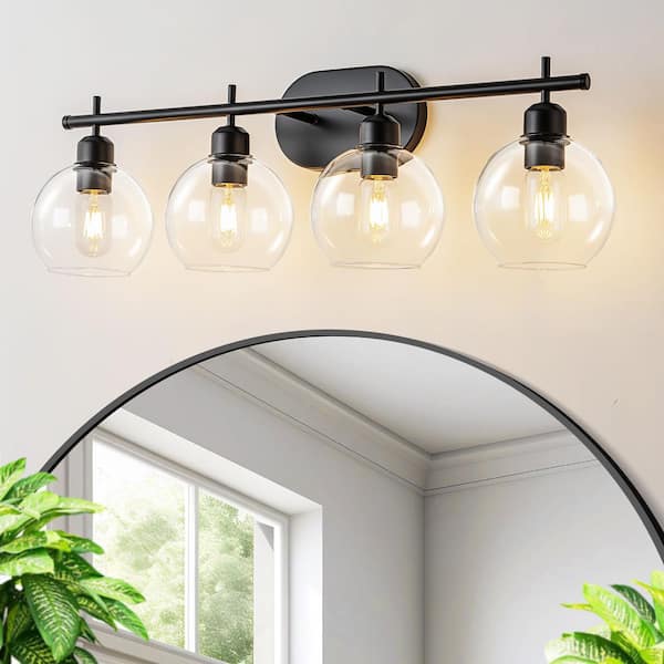 29.5 in. 4-Light Matte Black Bathroom Vanity Light Fixture with Clear Glass Globe Shades for Bathroom Mirror, Hallway