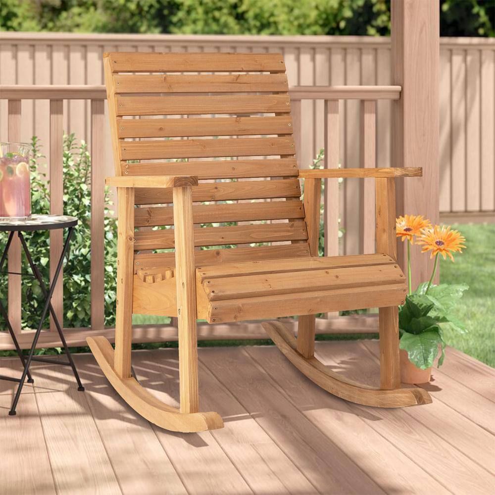 Natural Fir Wood High Back Outdoor Rocking Chair with Armrests