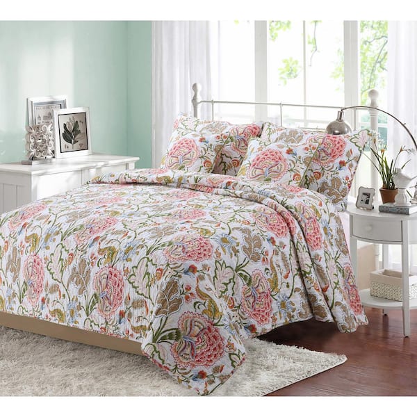 Cozy Line Home Fashions White Blooming Camellia Flower Garden 3-Piece Multicolored Red Coral Green Cotton King Quilt Bedding Set