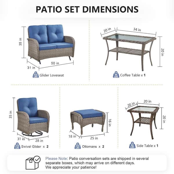 SleekArm 7-Piece Gray Wicker Patio Conversation Set with Olefin Blue Cushion/Glider Loveseat with Patio Swivel Chairs