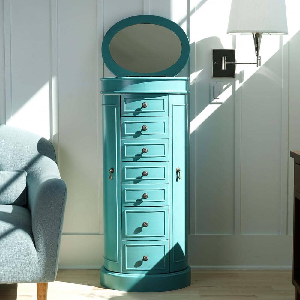 Turquoise Wood Free Standing Jewelry Armoire with Mirror