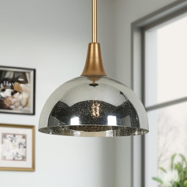 Zevni Modern 1-Light Silver Pendant Light with Dome Mercury Glass Shade, Black and Gold Kitchen Island Hanging Lamp