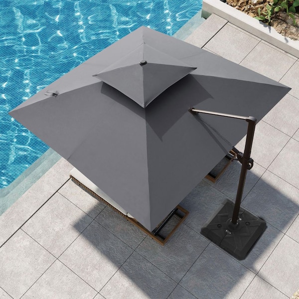 Pellebant 10.5 ft. x 10.5 ft. Square Aluminum 360° Rotation Cantilever Patio Umbrella in Dark Gray with Umbrella Base