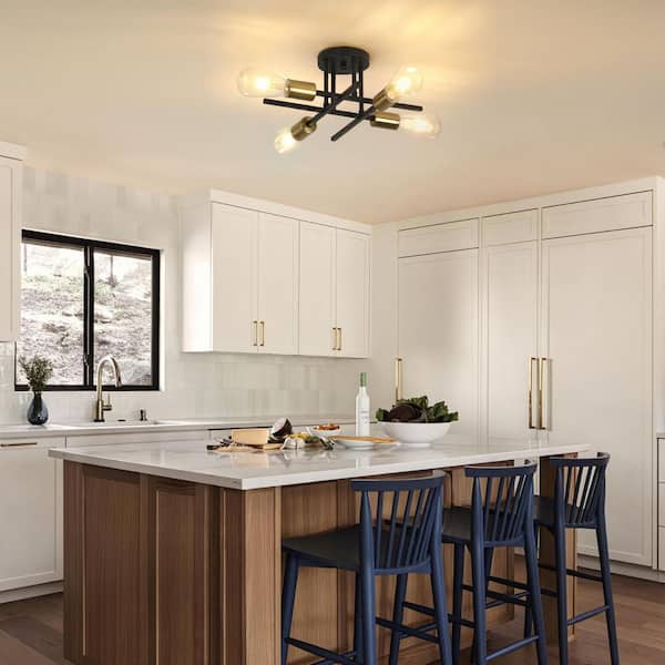 MultiEase 14 in. 4-Light Black Gold Semi Flush Mount Ceiling Light