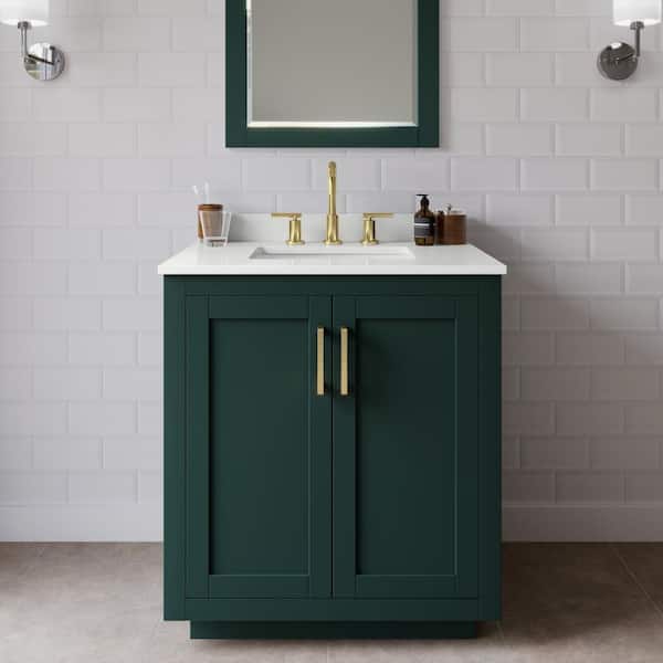 Wyndham Collection Miranda 30 in. W x 22 in. D x 33.75 in. H Single Bath Vanity in Green with White Quartz Top and 24 in. Mirror