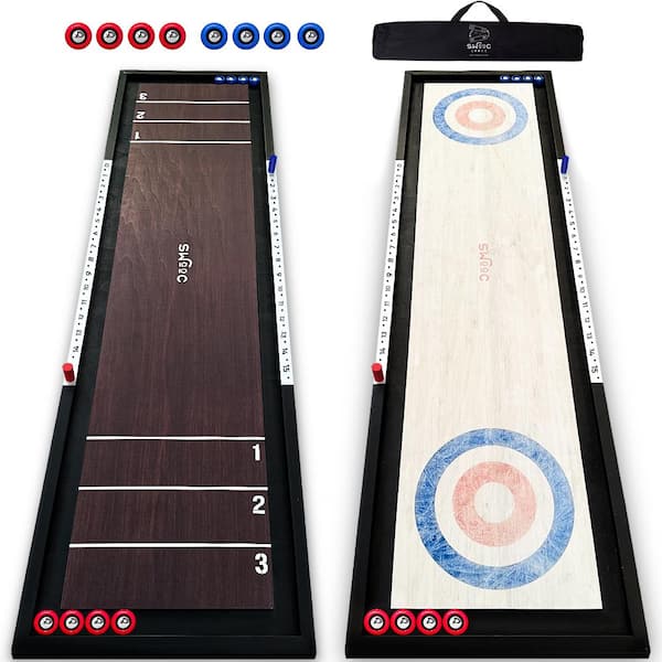 SWOOC 2-in-1 Premium Shuffleboard and Curling 100% Solid Wood Shuffleboard Table 4 ft. 5 Plus Games Tabletop Games Indoor