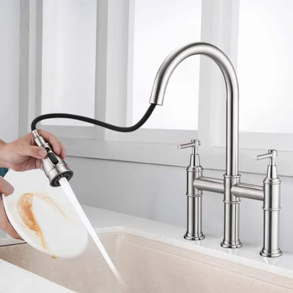 Unbranded Double Handle Bridge Kitchen Faucet with Pull-Down Spray Head, Stainless Steel, 360° Swivel in Brushed Nickel