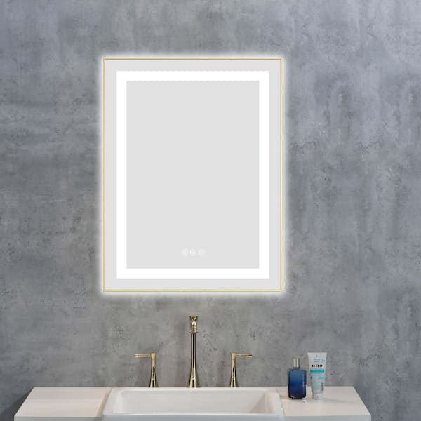 Brushed Gold 24.00 in. W x 28.00 in. H LED Modern Rectangle Aluminium Framed Wall Mirror