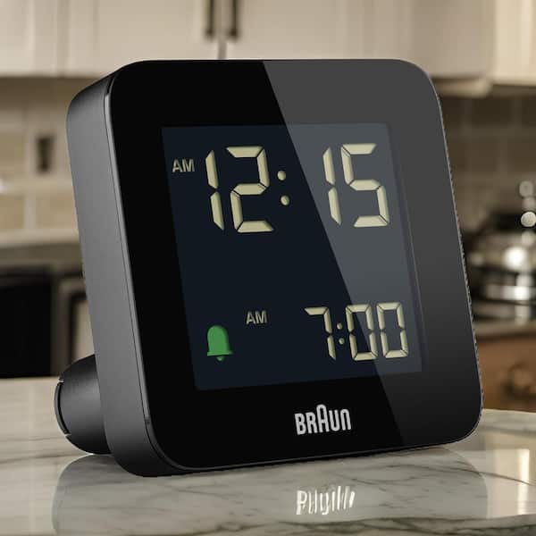 Braun Modern Black Digital Alarm Clock with Snooze, Negative LCD